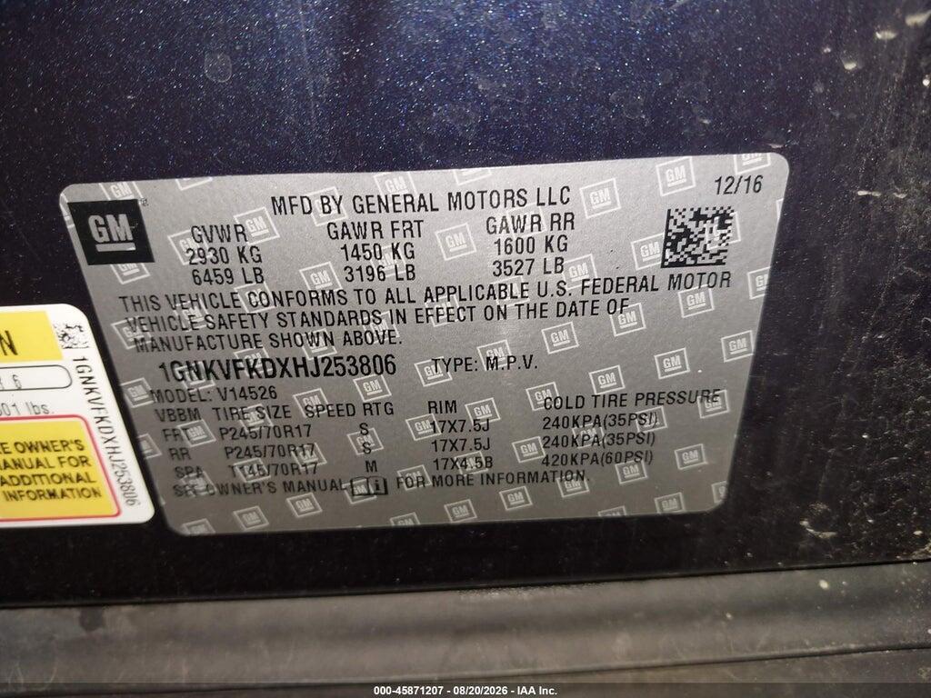 1GNKVFKDXHJ253806 2017 CHEVROLET TRAVERSE photo no. 9
