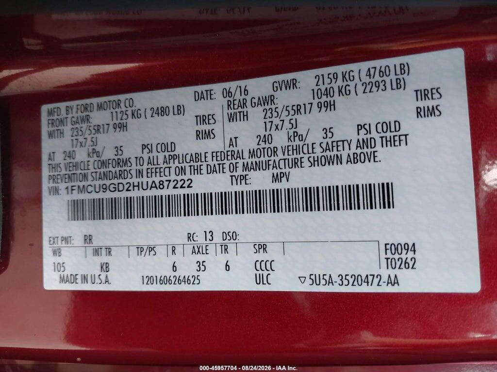 1FMCU9GD2HUA87222 2017 FORD ESCAPE photo no. 9