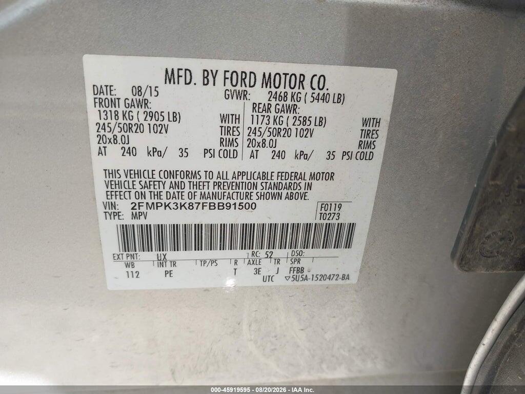 2FMPK3K87FBB91500 2015 FORD EDGE photo no. 9