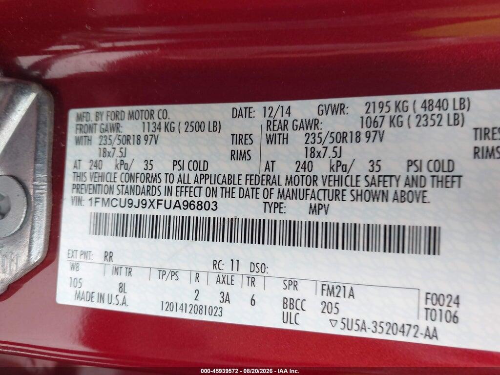 1FMCU9J9XFUA96803 2015 FORD ESCAPE photo no. 9