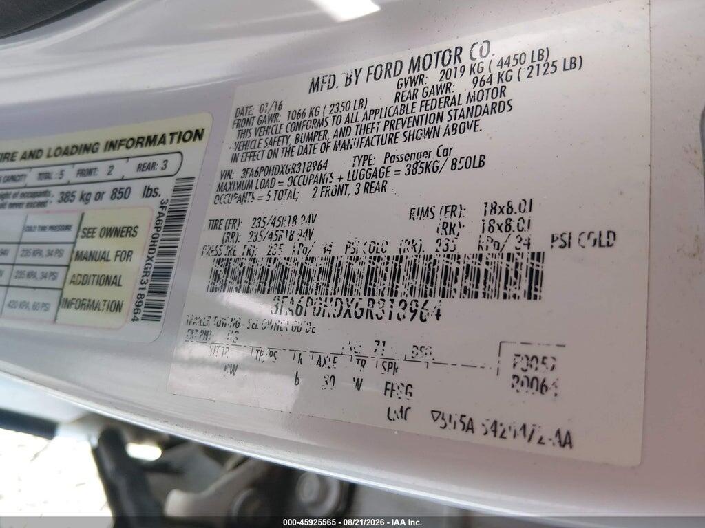 3FA6P0HDXGR318964 2016 FORD FUSION photo no. 9