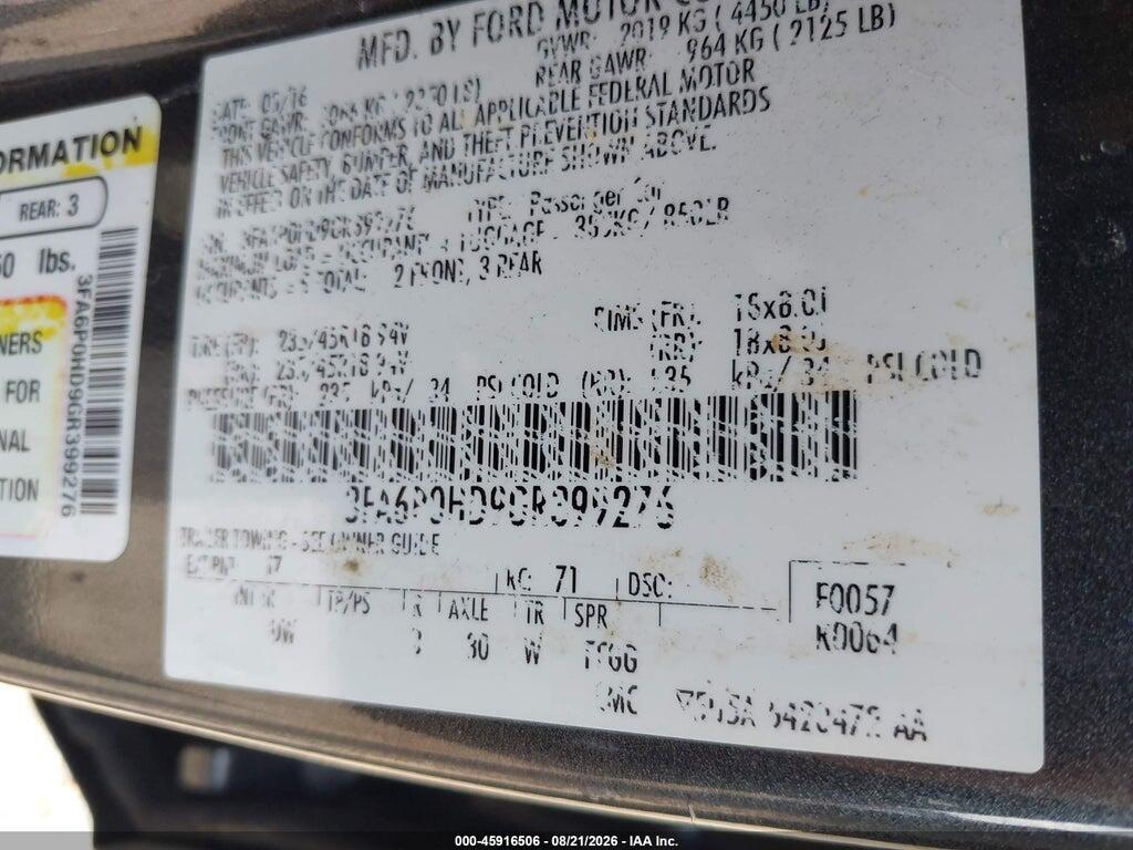 3FA6P0HD9GR399276 2016 FORD FUSION photo no. 9