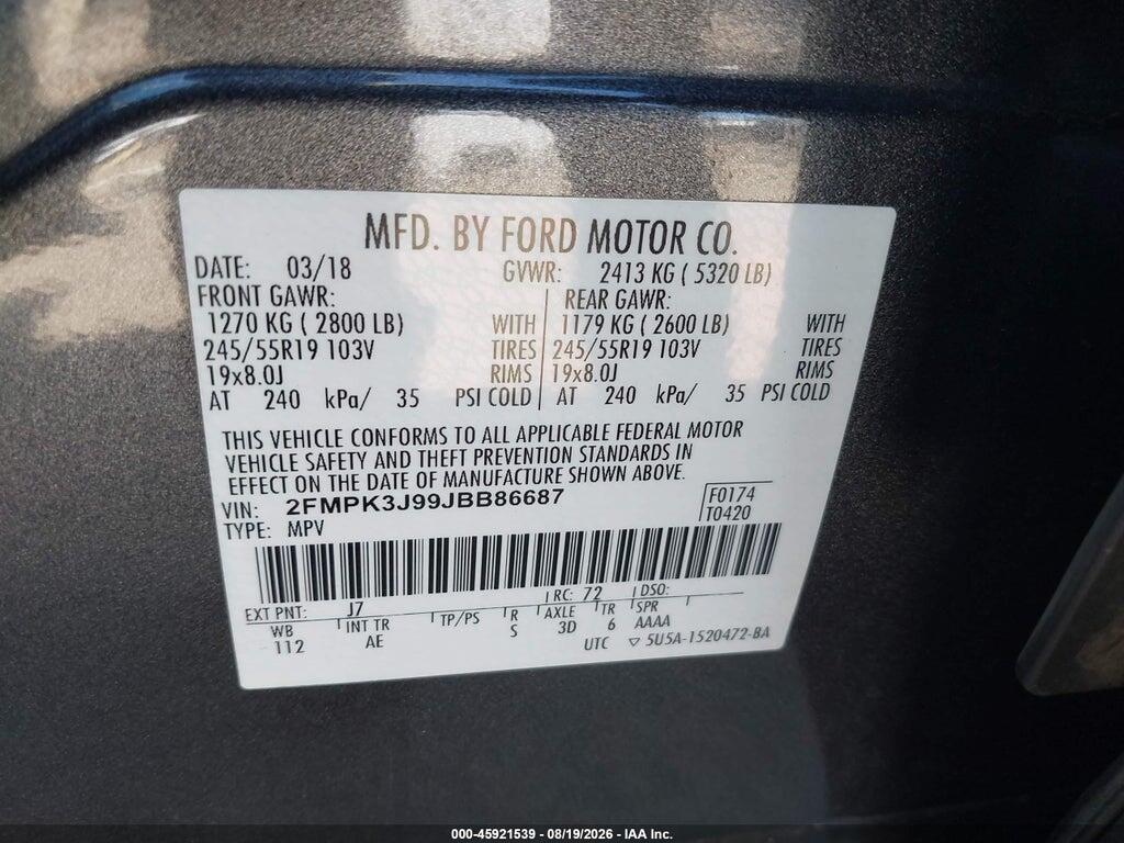 2FMPK3J99JBB86687 2018 FORD EDGE photo no. 9