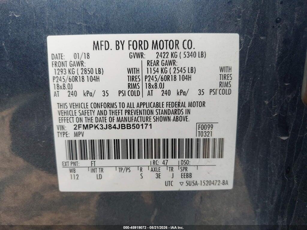 2FMPK3J84JBB50171 2018 FORD EDGE photo no. 9