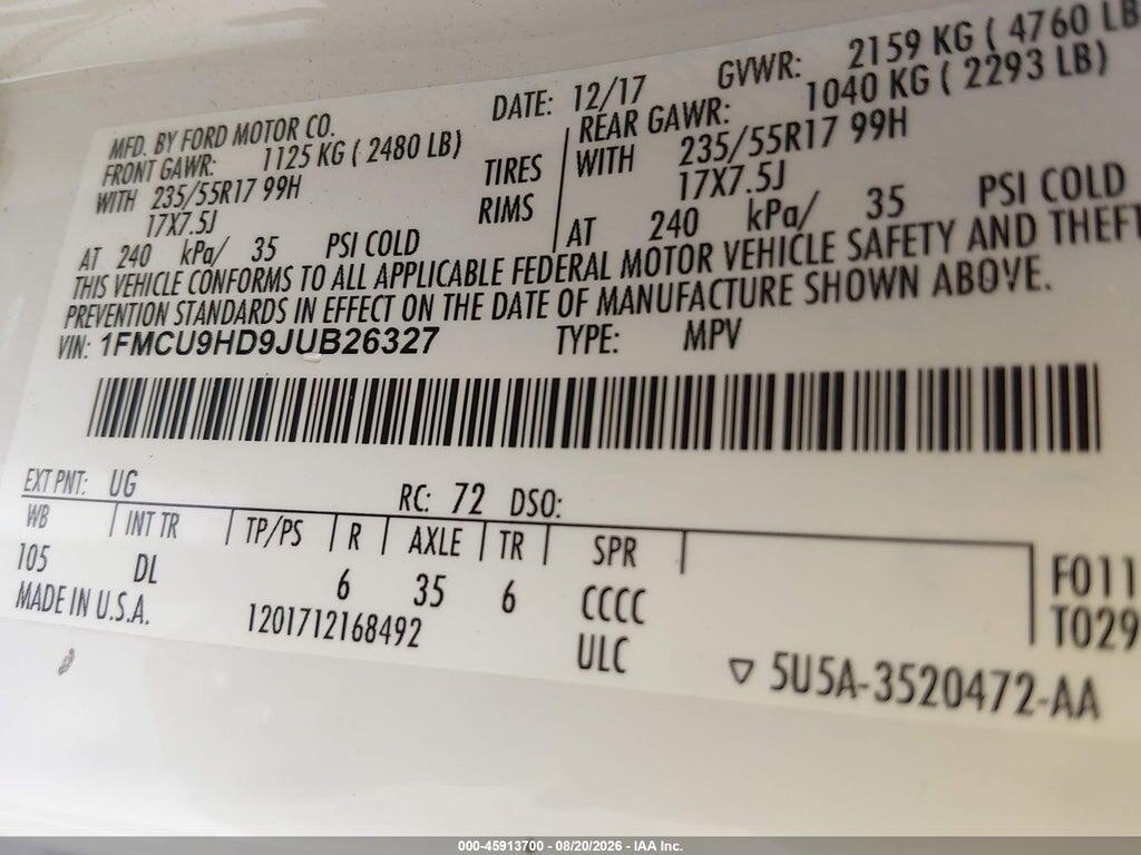 1FMCU9HD9JUB26327 2018 FORD ESCAPE photo no. 9