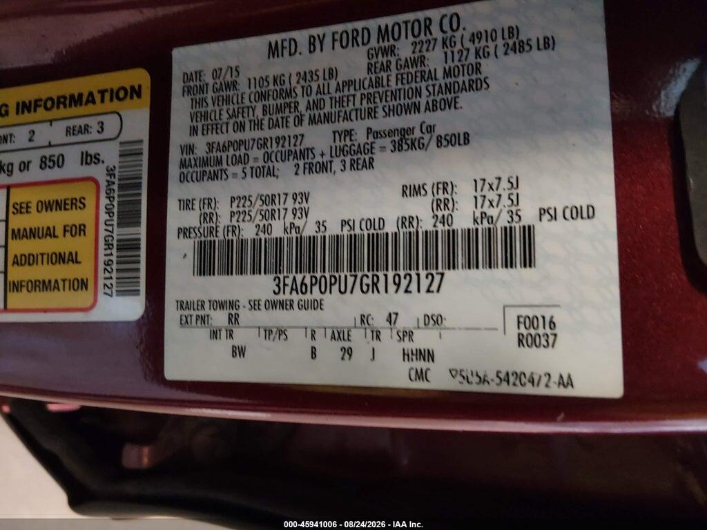 3FA6P0PU7GR192127 2016 FORD FUSION ENERGI photo no. 9