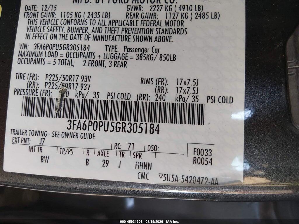 3FA6P0PU5GR305184 2016 FORD FUSION ENERGI photo no. 9