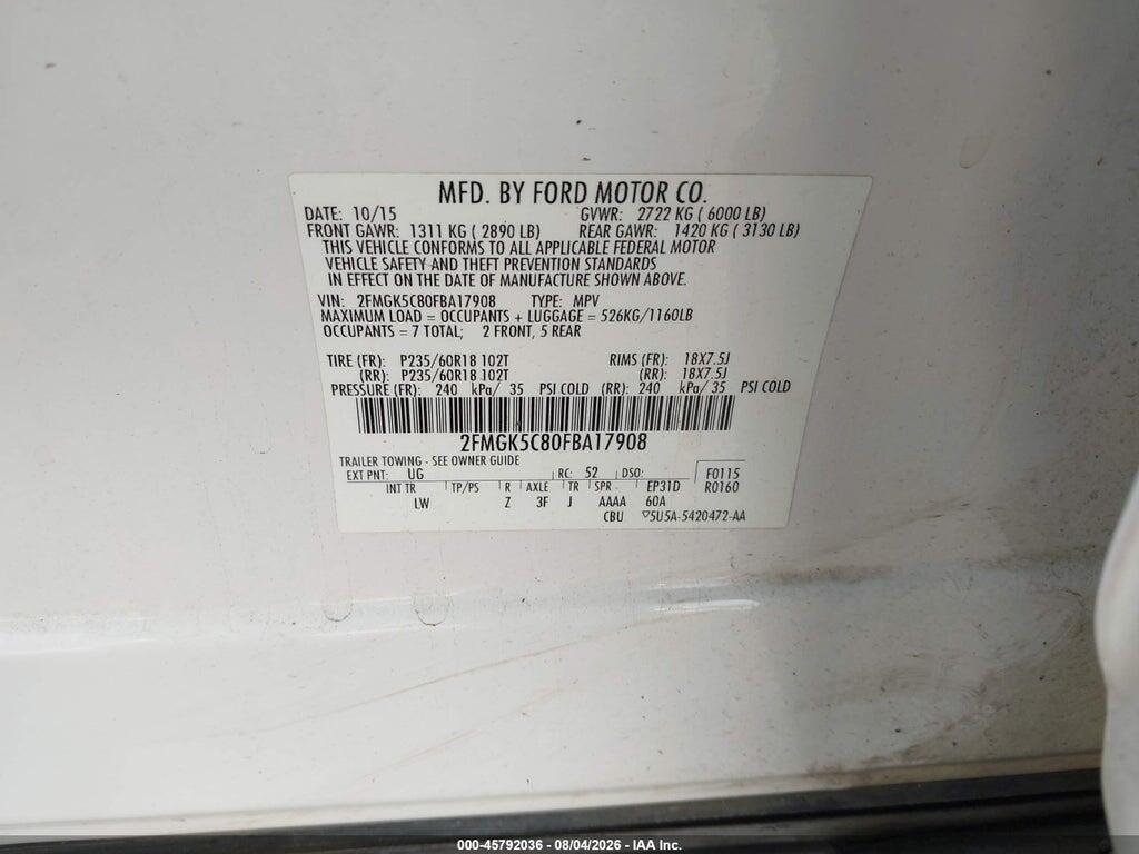 2FMGK5C80FBA17908 2015 FORD FLEX photo no. 9