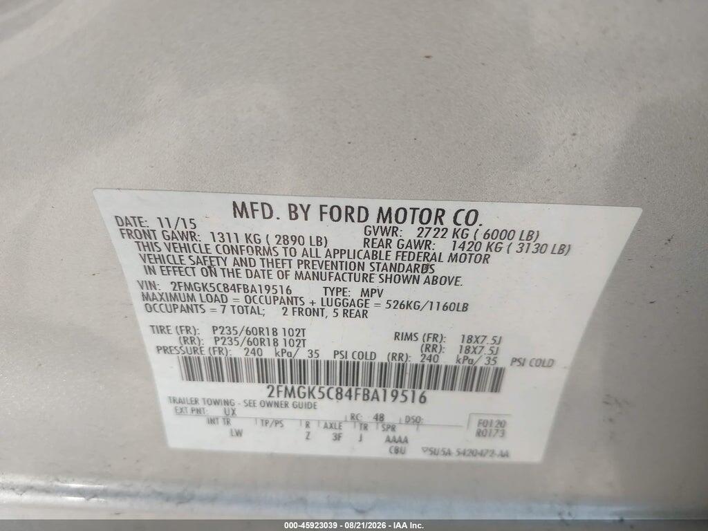 2FMGK5C84FBA19516 2015 FORD FLEX photo no. 9