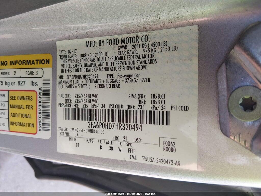 3FA6P0HD7HR320494 2017 FORD FUSION photo no. 9