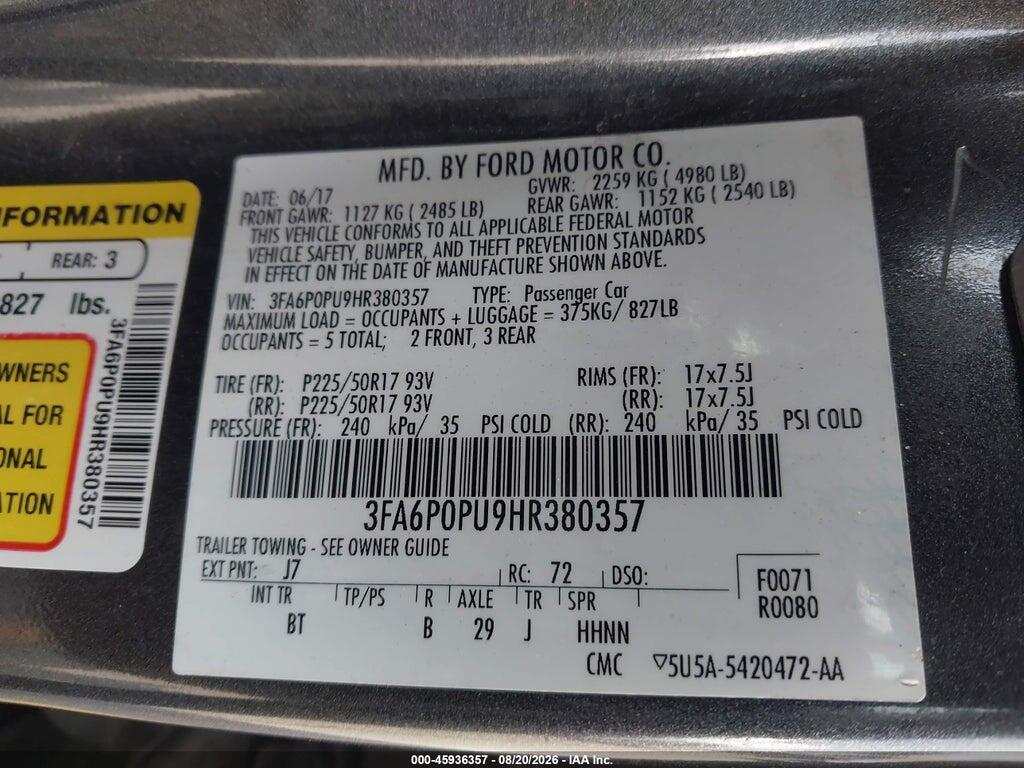 3FA6P0PU9HR380357 2017 FORD FUSION ENERGI photo no. 9