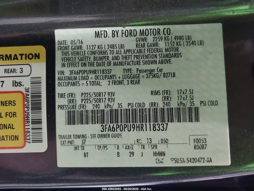 3FA6P0PU9HR118337 2017 FORD FUSION ENERGI photo no. 9