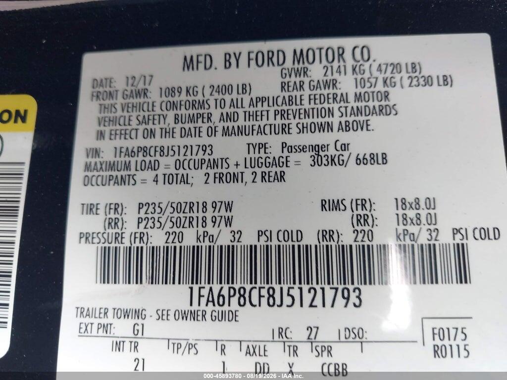 1FA6P8CF8J5121793 2018 FORD MUSTANG photo no. 9
