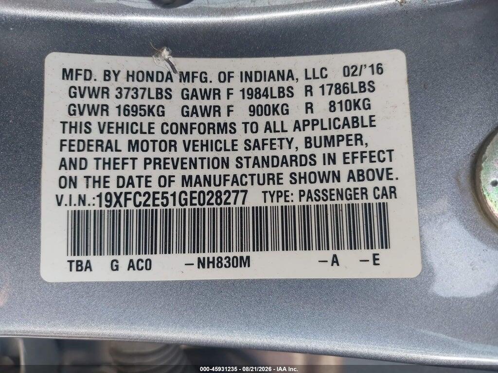 19XFC2E51GE028277 2016 HONDA CIVIC photo no. 9