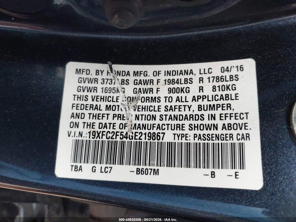 19XFC2F54GE219867 2016 HONDA CIVIC photo no. 9