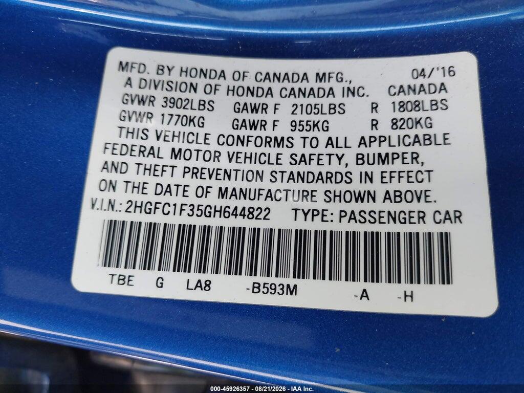 2HGFC1F35GH644822 2016 HONDA CIVIC photo no. 9