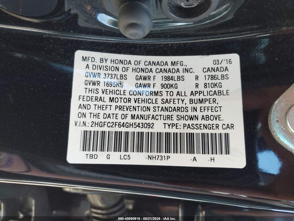 2HGFC2F64GH543092 2016 HONDA CIVIC photo no. 9