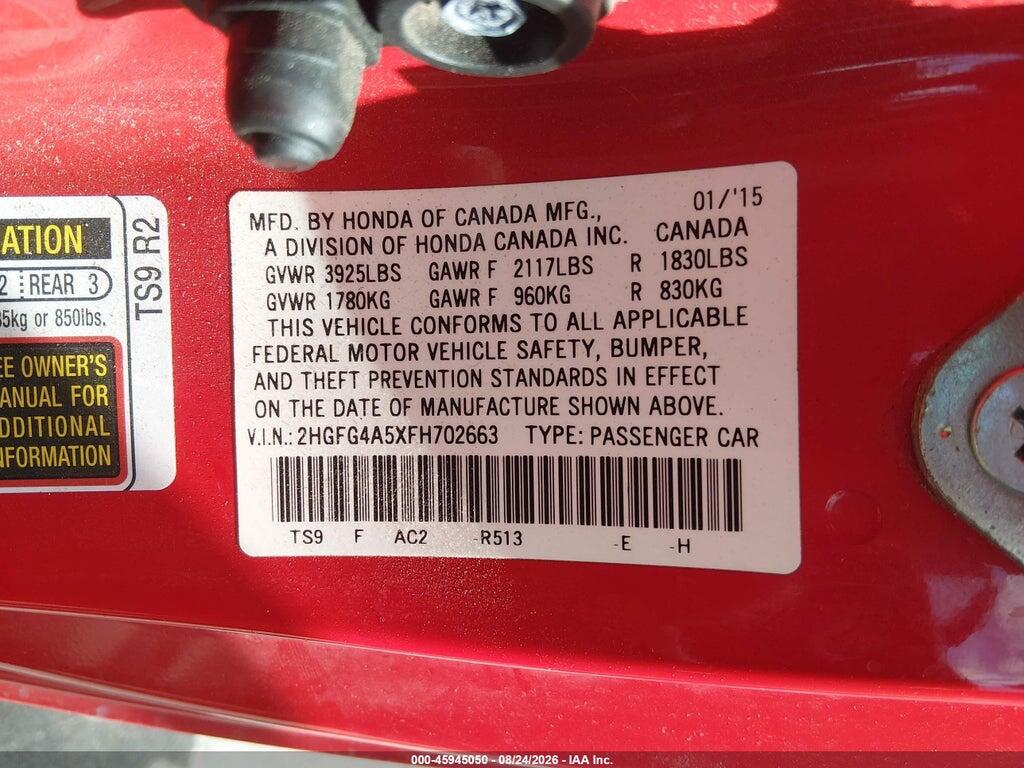 2HGFG4A5XFH702663 2015 HONDA CIVIC photo no. 9