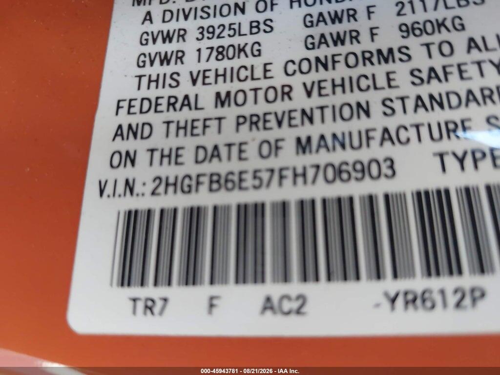 2HGFB6E57FH706903 2015 HONDA CIVIC photo no. 9