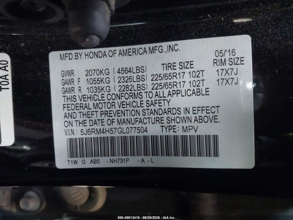 5J6RM4H57GL077504 2016 HONDA CR-V photo no. 9