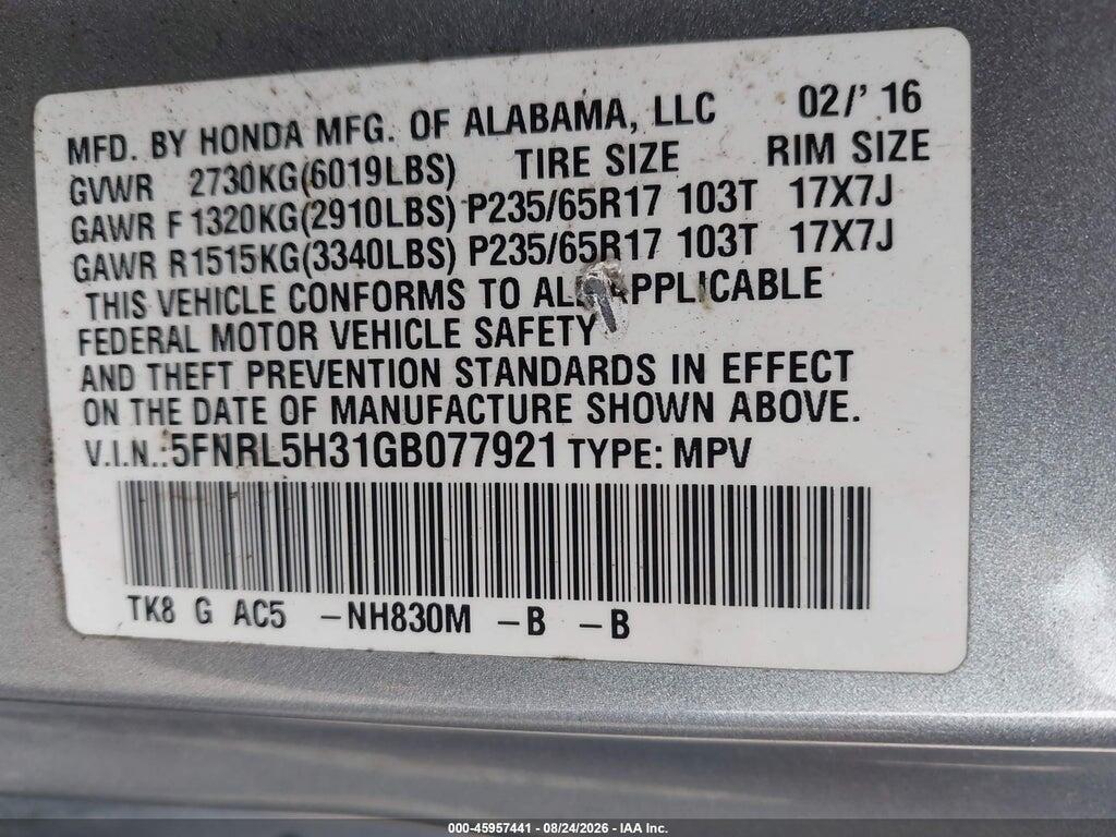 5FNRL5H31GB077921 2016 HONDA ODYSSEY photo no. 9