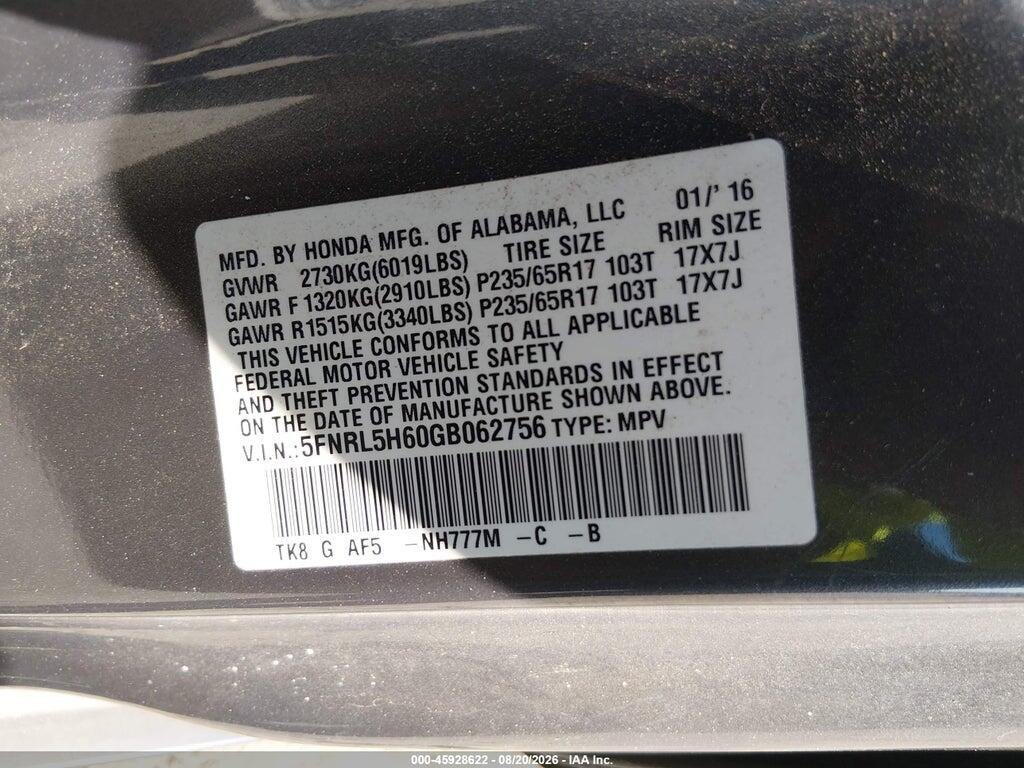 5FNRL5H60GB062756 2016 HONDA ODYSSEY photo no. 9