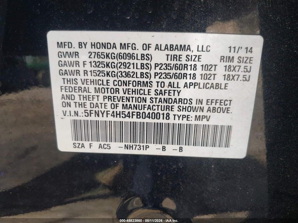5FNYF4H54FB040018 2015 HONDA PILOT photo no. 9