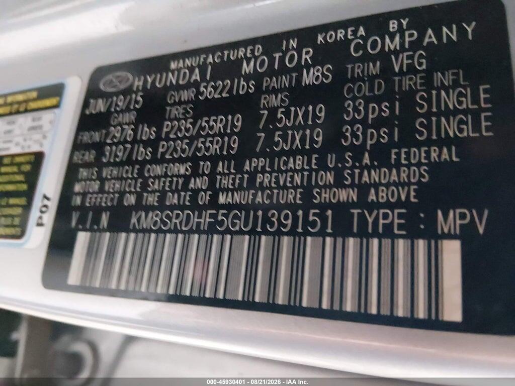 KM8SRDHF5GU139151 2016 HYUNDAI SANTA FE photo no. 9