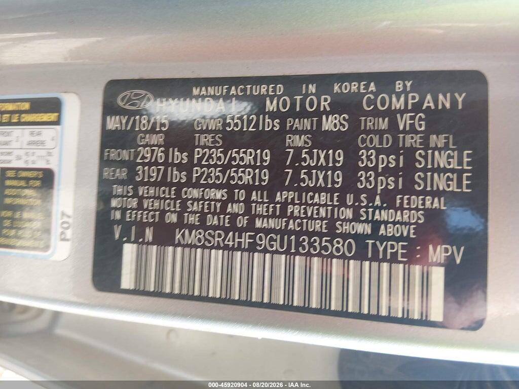 KM8SR4HF9GU133580 2016 HYUNDAI SANTA FE photo no. 9