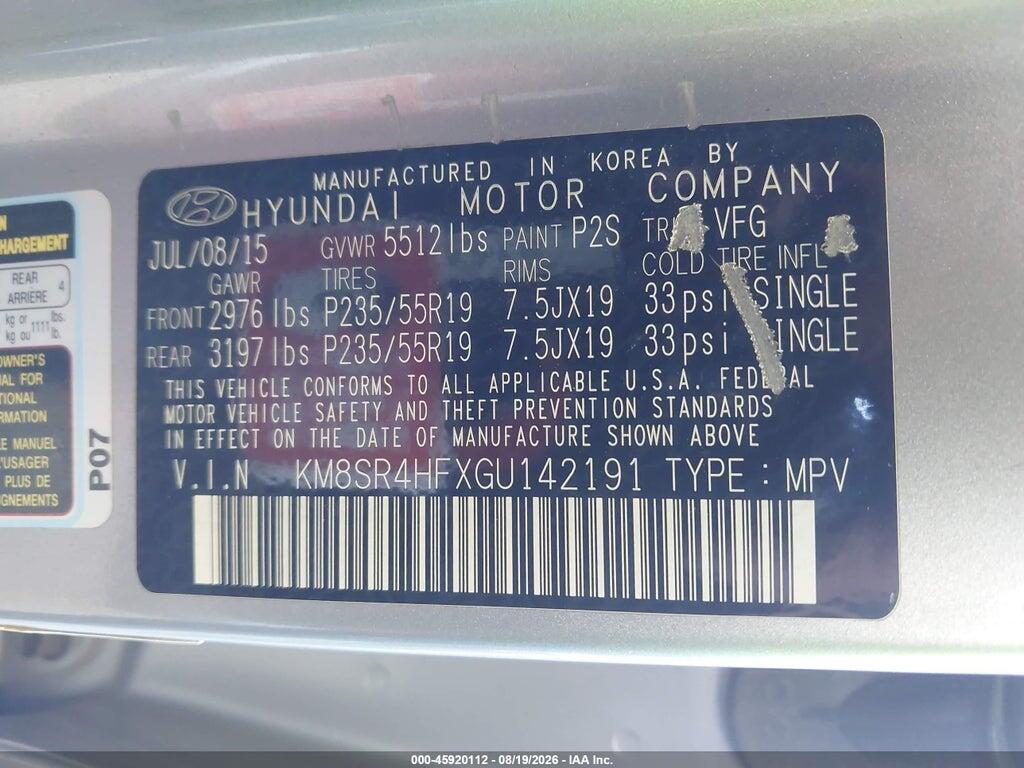 KM8SR4HFXGU142191 2016 HYUNDAI SANTA FE photo no. 9