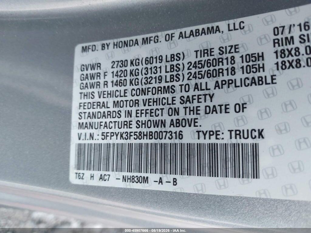 5FPYK3F58HB007316 2017 HONDA RIDGELINE photo no. 9