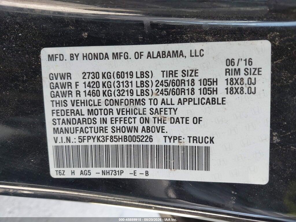 5FPYK3F85HB005226 2017 HONDA RIDGELINE photo no. 9