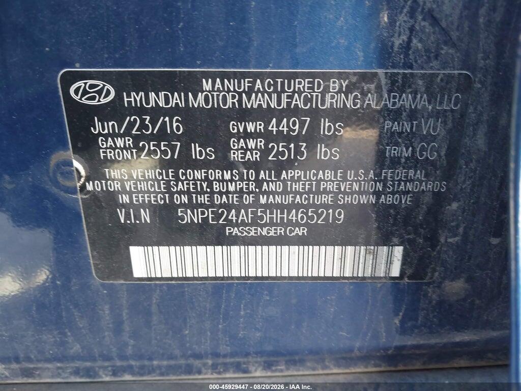 5NPE24AF5HH465219 2017 HYUNDAI SONATA photo no. 9
