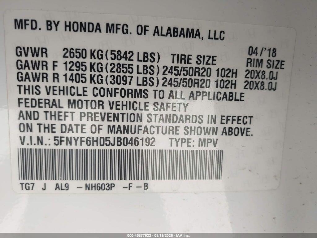 5FNYF6H05JB046192 2018 HONDA PILOT photo no. 9