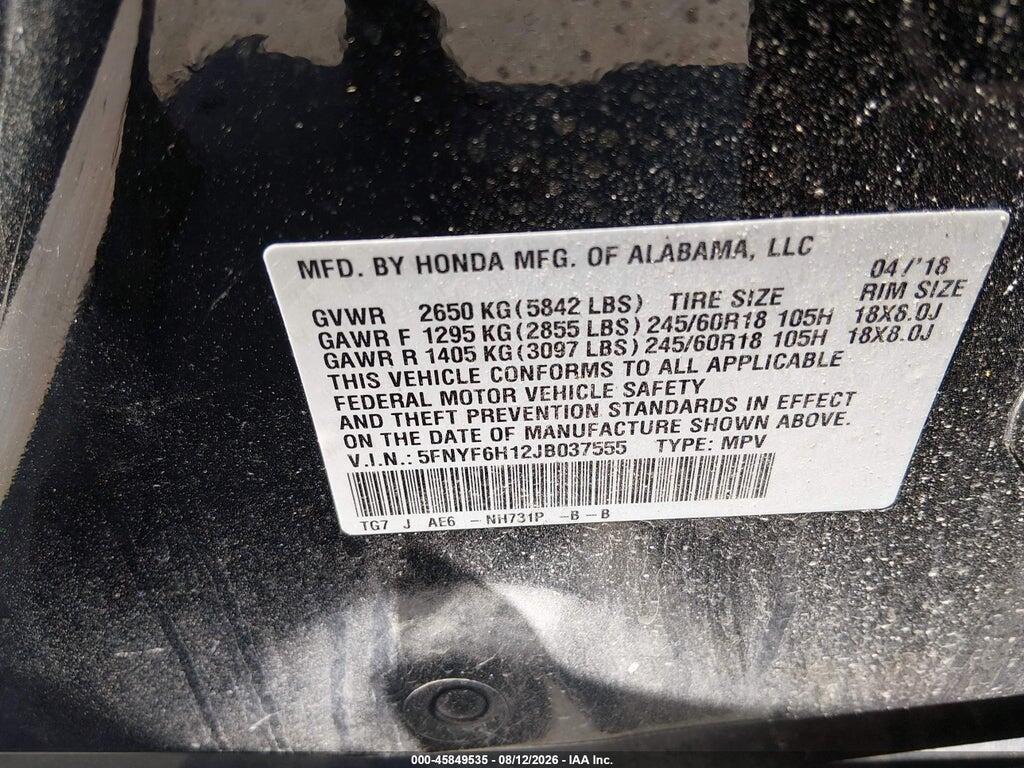 5FNYF6H12JB037555 2018 HONDA PILOT photo no. 9