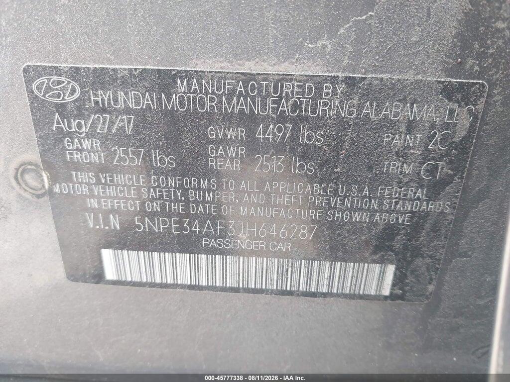 5NPE34AF3JH646287 2018 HYUNDAI SONATA photo no. 9