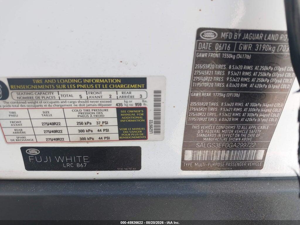 SALGS3EF0GA299722 2016 LAND ROVER RANGE ROVER photo no. 9
