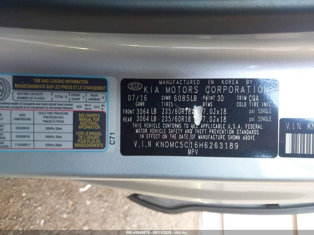 KNDMC5C16H6263189 2017 KIA SEDONA photo no. 9