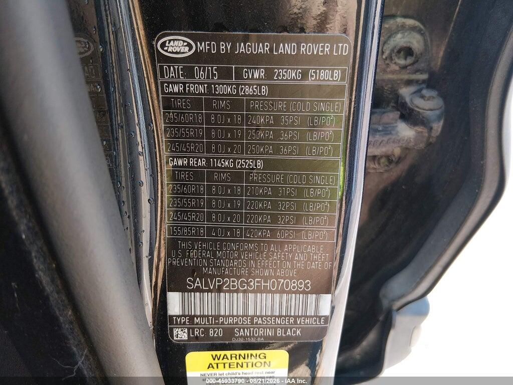 SALVP2BG3FH070893 2015 LAND ROVER RANGE ROVER EVOQUE photo no. 9