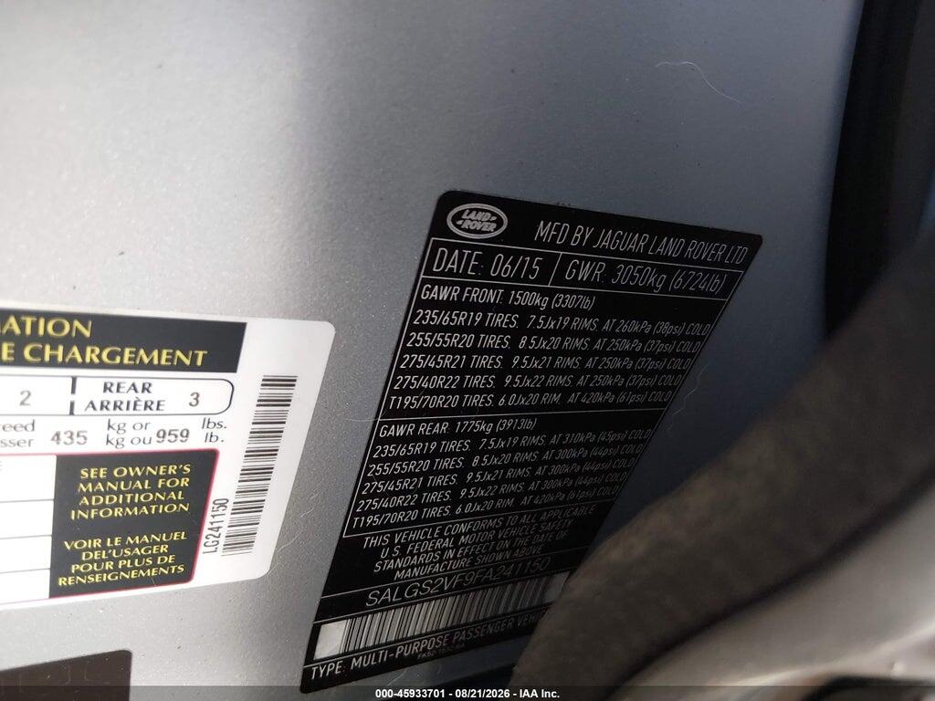 SALGS2VF9FA241150 2015 LAND ROVER RANGE ROVER photo no. 9