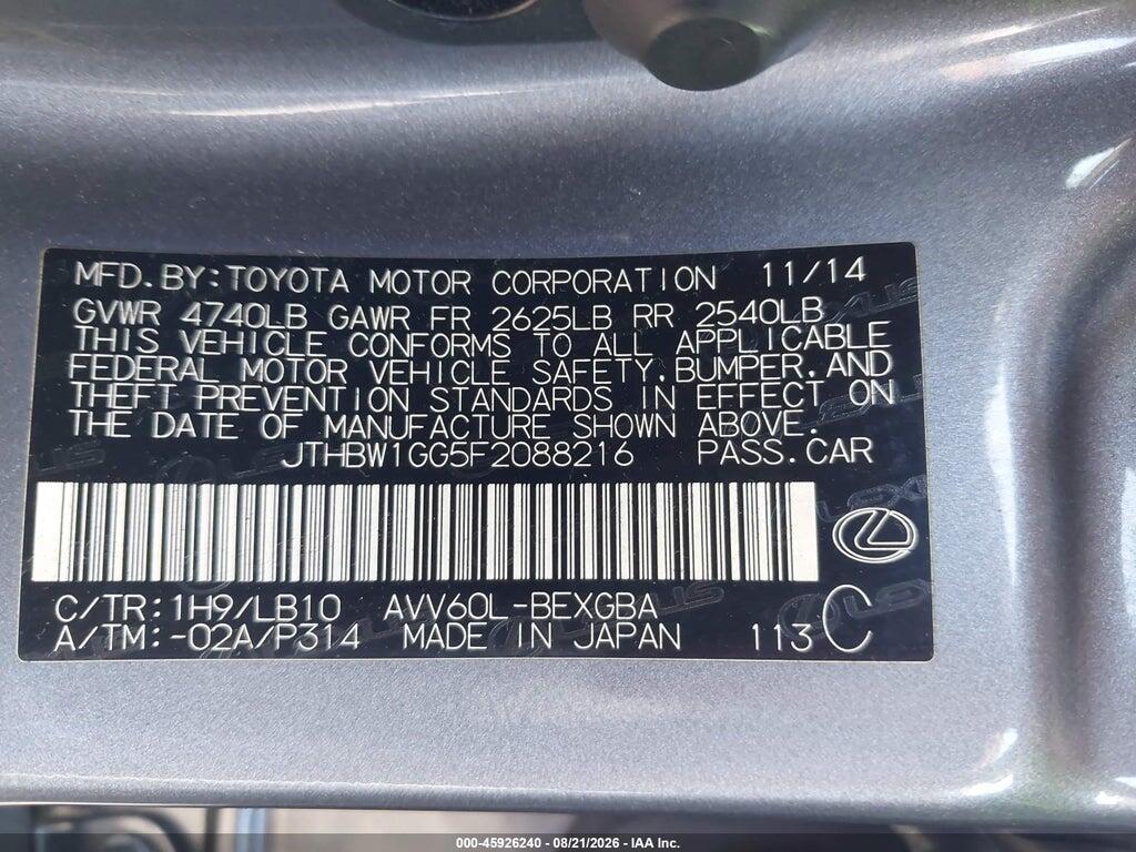 JTHBW1GG5F2088216 2015 LEXUS ES 300H photo no. 9