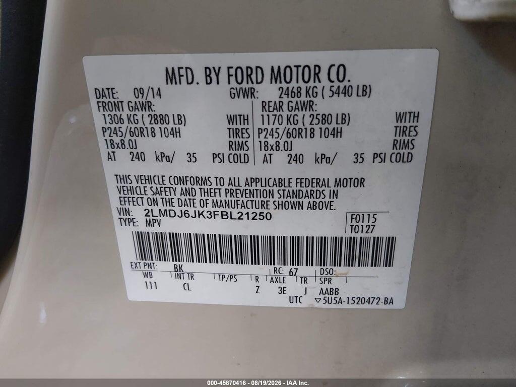 2LMDJ6JK3FBL21250 2015 LINCOLN MKX photo no. 9