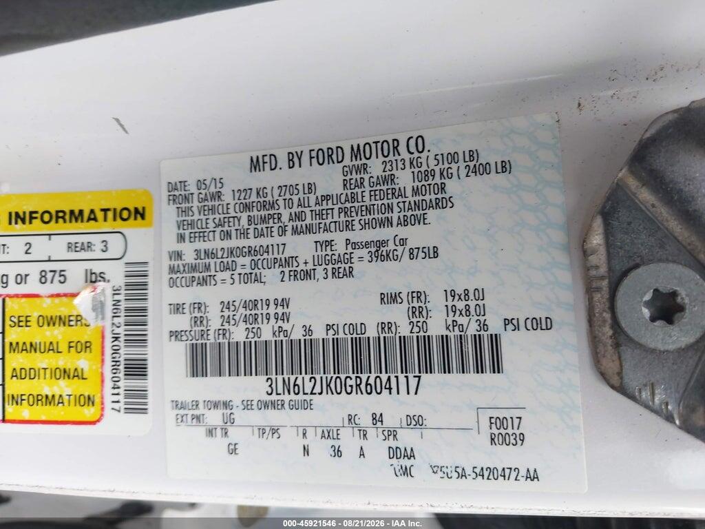 3LN6L2JK0GR604117 2016 LINCOLN MKZ photo no. 9