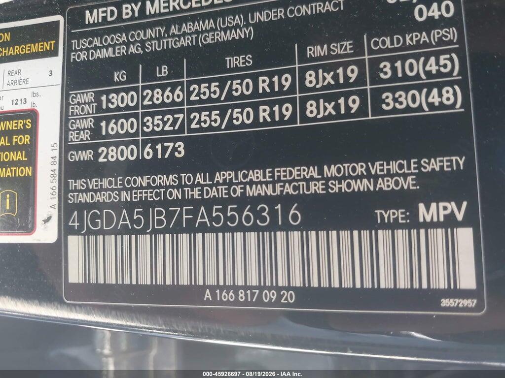 4JGDA5JB7FA556316 2015 MERCEDES-BENZ ML 350 photo no. 9