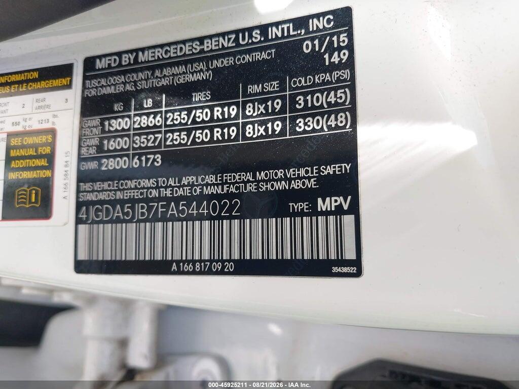 4JGDA5JB7FA544022 2015 MERCEDES-BENZ ML 350 photo no. 9