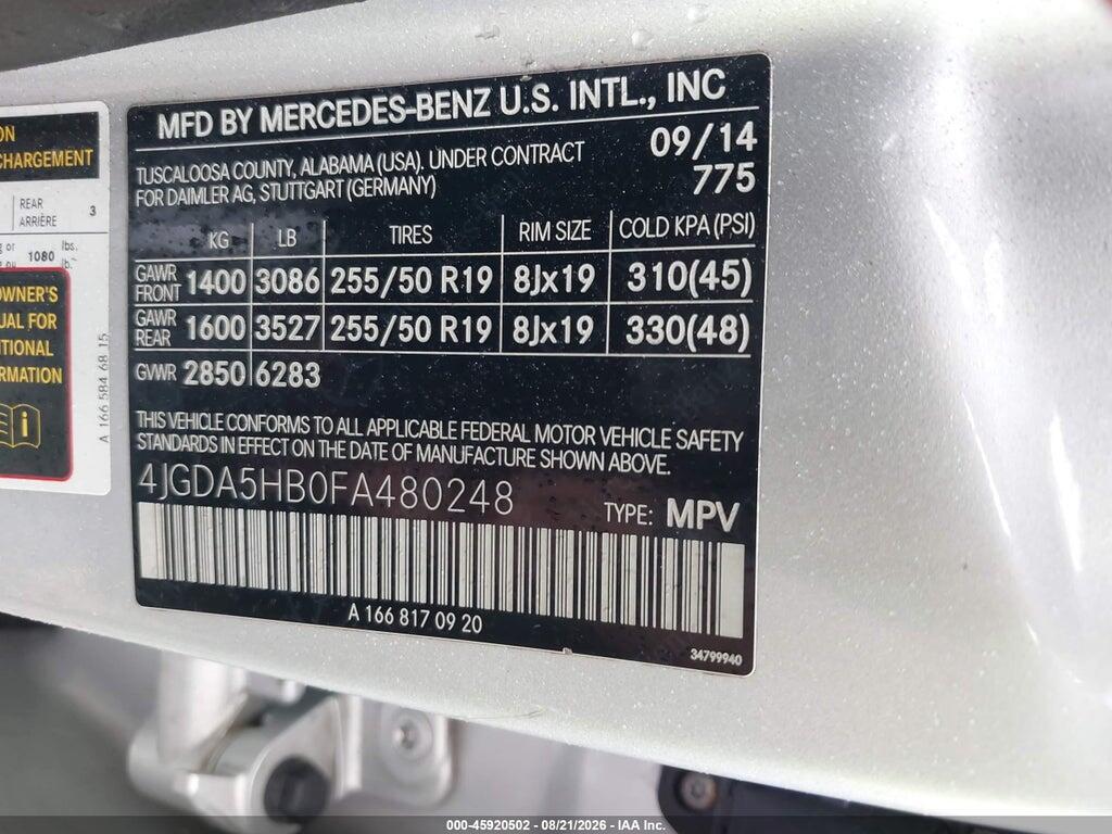 4JGDA5HB0FA480248 2015 MERCEDES-BENZ ML 350 photo no. 9