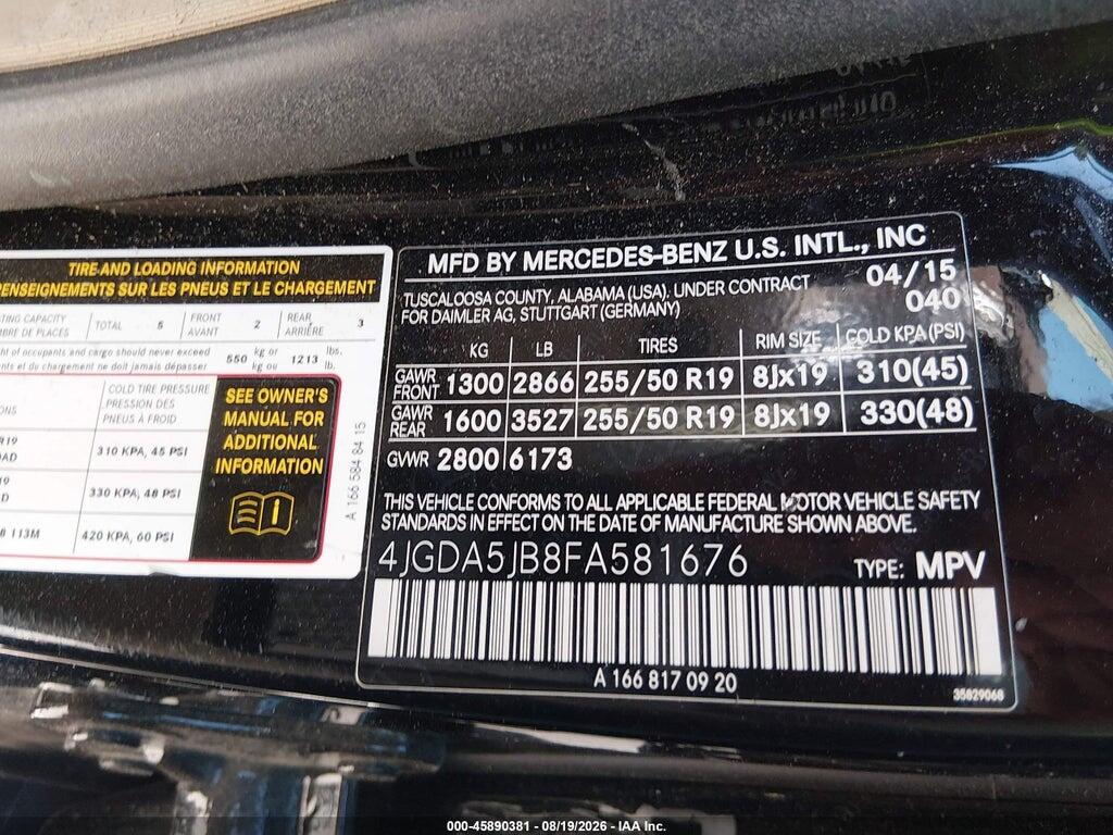 4JGDA5JB8FA581676 2015 MERCEDES-BENZ ML 350 photo no. 9