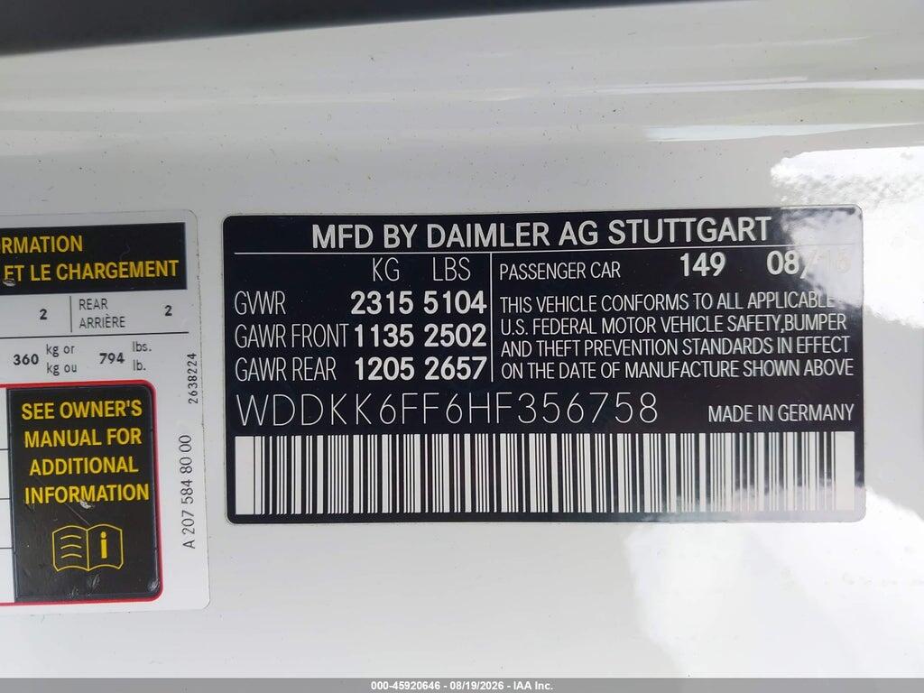 WDDKK6FF6HF356758 2017 MERCEDES-BENZ E 400 photo no. 9