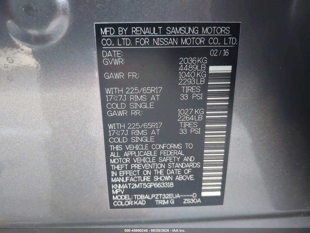 KNMAT2MT5GP663318 2016 NISSAN ROGUE photo no. 9