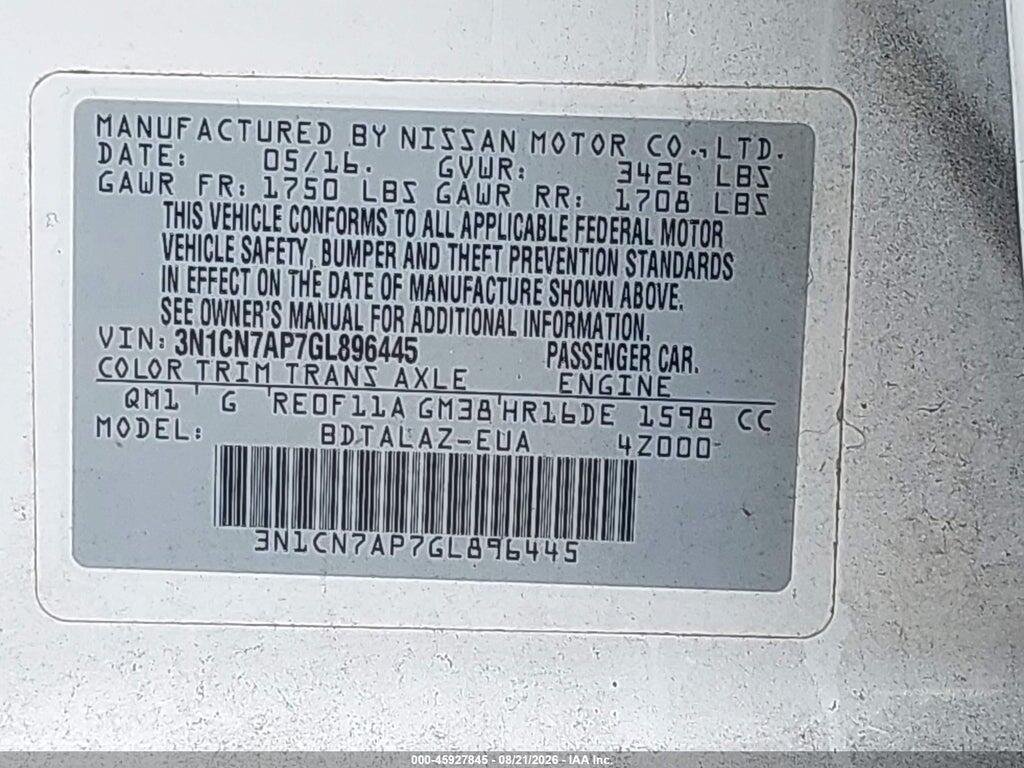 3N1CN7AP7GL896445 2016 NISSAN VERSA photo no. 9